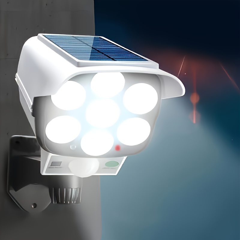 1pc solar motion sensor light dimmable 77 led flood light human sensor activation simulated camera outdoor porch garden   energy saving  