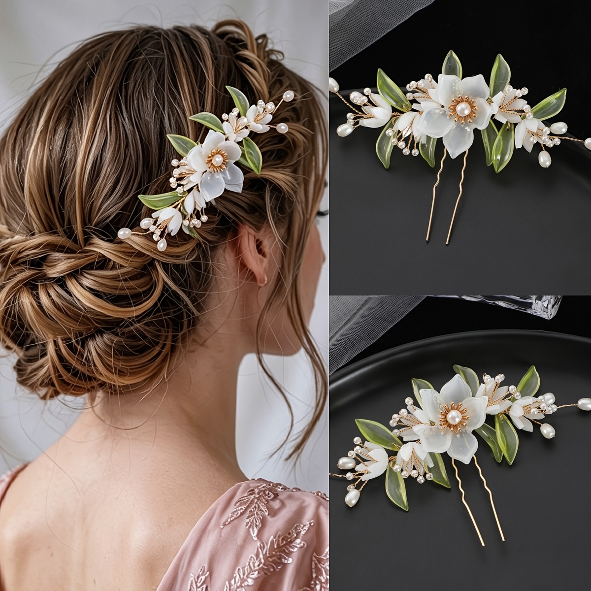TEMU 1pc White Flower Hair Pins, Handmade Floral Hairpins With Green Leaves And White Flower, Women's Hair Additions For Brides, Bridesmaids, Prom