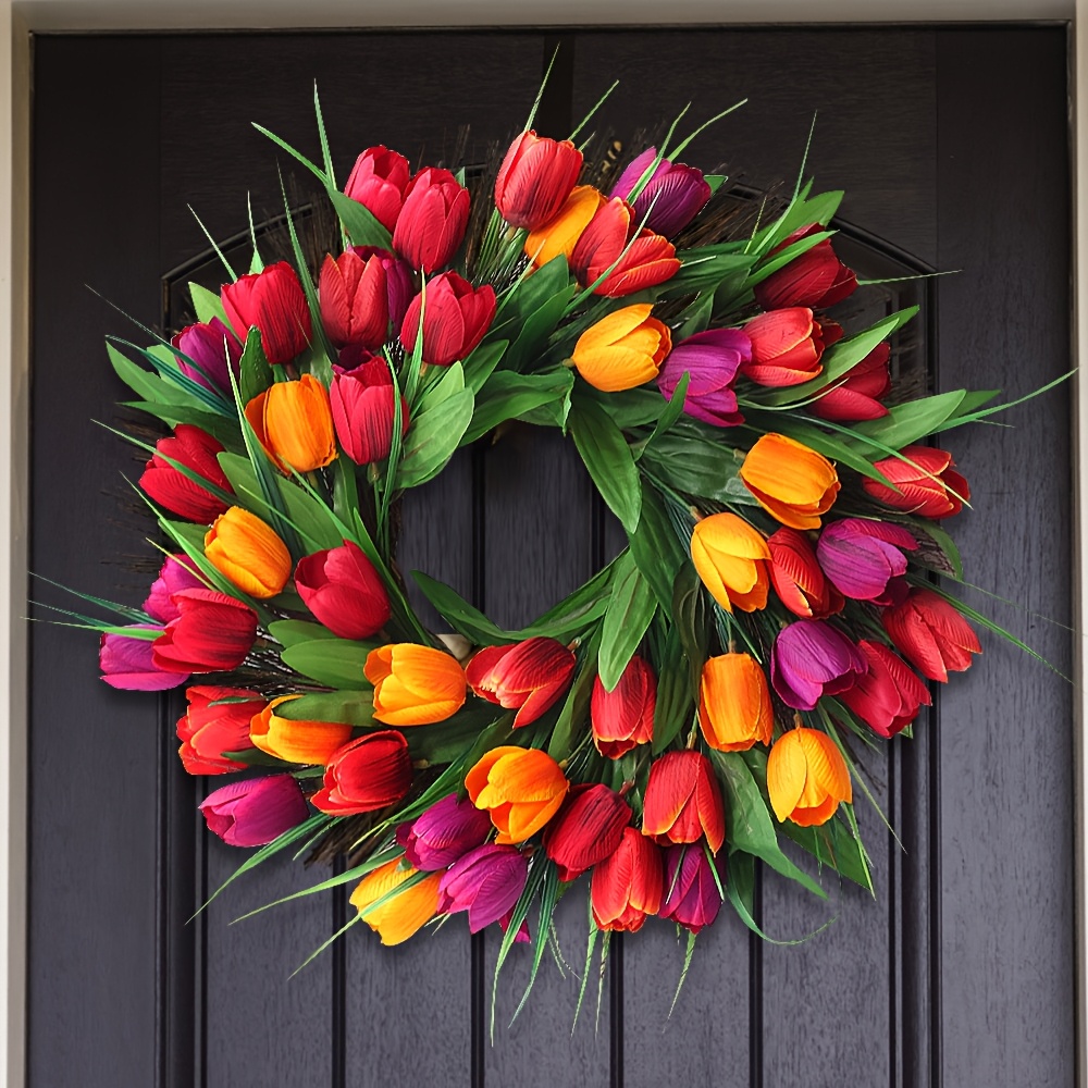 Image of Colorful Artificial Tulip Wreath 17.7 Inches - Indoor And Outdoor Spring And Summer Decoration, Front Door, Home Office Wall - Valentine's Day Festive Decor