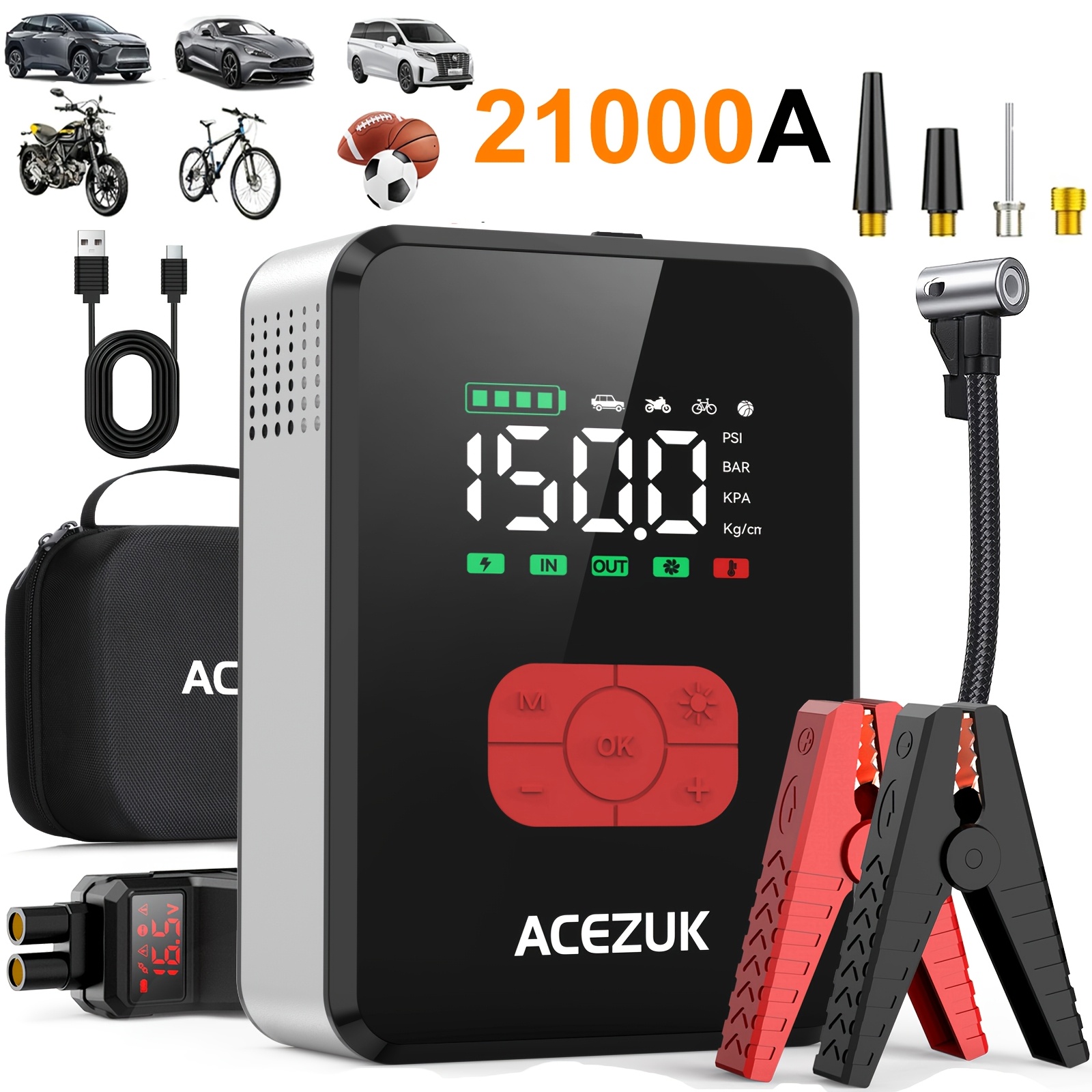 TEMU Démarreur de voiture avec pack d'alimentation et pompe à air gonfleur de pneu 150PSI, écran numérique intelligent, clips de démarrage