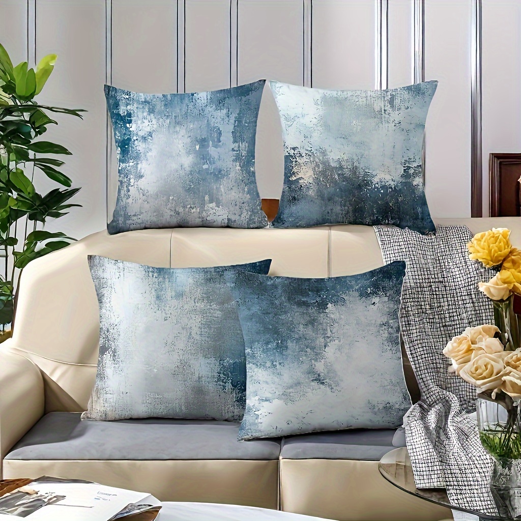 

4pcs Contemporary Style Throw Pillow Covers, Abstract Blue And Grey Print, Hand Wash Only, Zippered Polyester Cushion Cases For Living Room, Woven Fabric, Decorative Pillowcases (inserts Not Included)