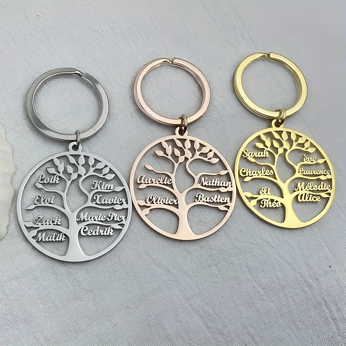 

Custom Family Name Keychain, Personalized Tree Of Life Stainless Steel Keyring, Engraved Round Plant-themed Charm With Names, Floral Element Single Piece, Decorative Ring For Women, Ideal For Day Gift