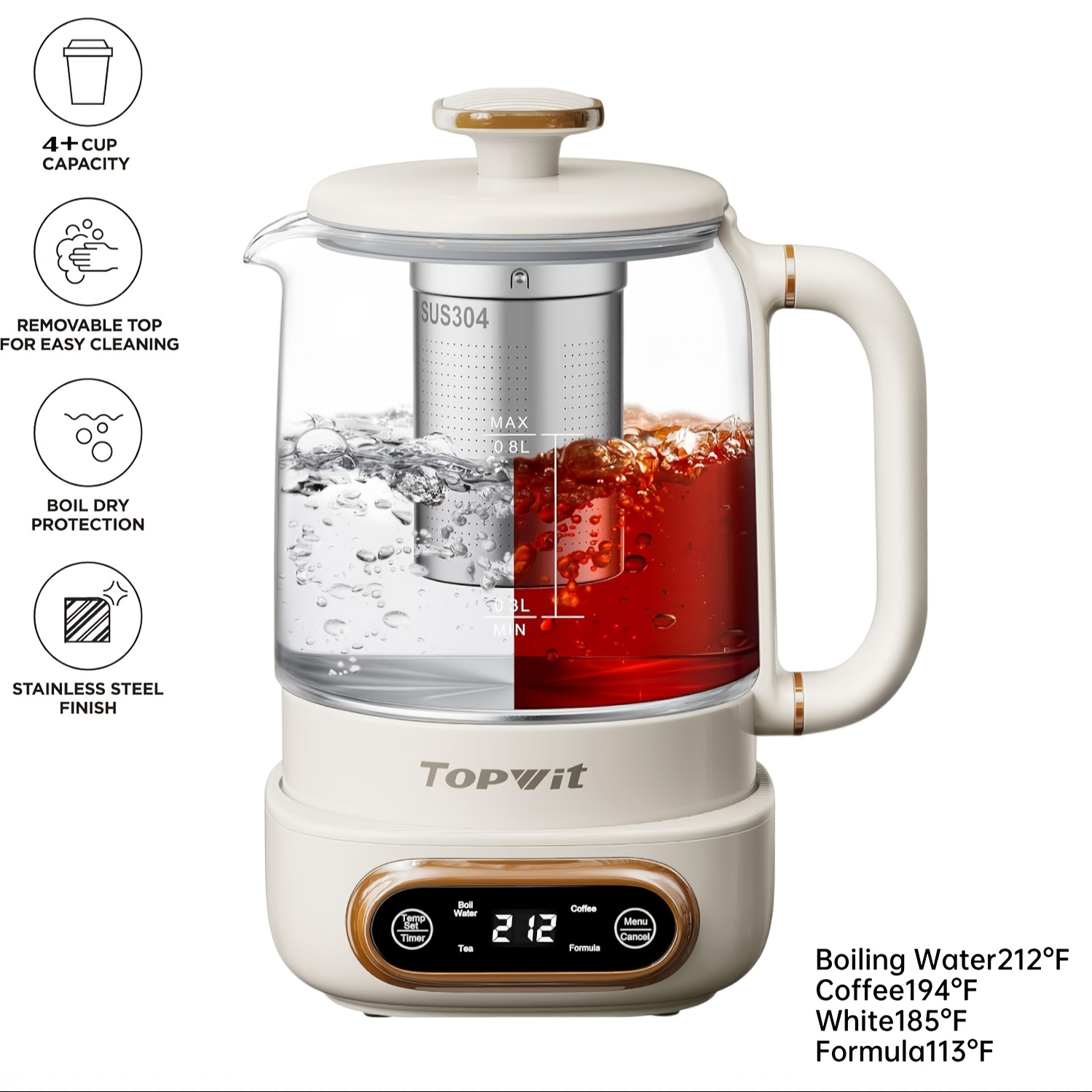 TEMU Health-care Beverage Tea Maker And Kettle | 0.8 L | Programmable Brew Cooker Master | Electric Tea Kettle | 11 Temperature Control & 4 Glass Kettle With Removable Infuser.