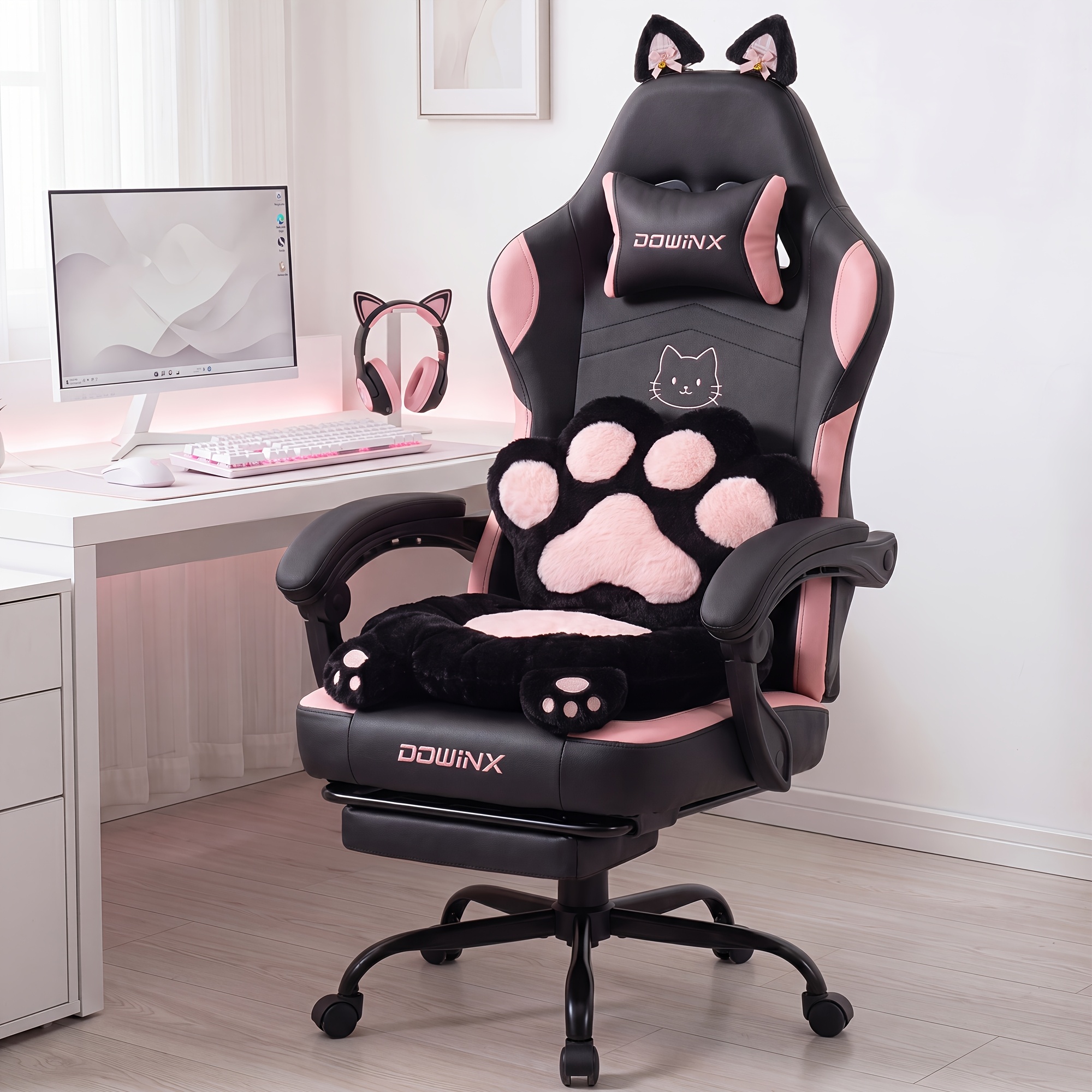 Image of Upgraded High-back Ergonomic Gaming Chair With Footrest, Reclining Swivel Height Adjustable, Sturdy Metal Base (rust-proof), Lumbar Support Cushion, 150kg Load Capacity, For Home Office Desk