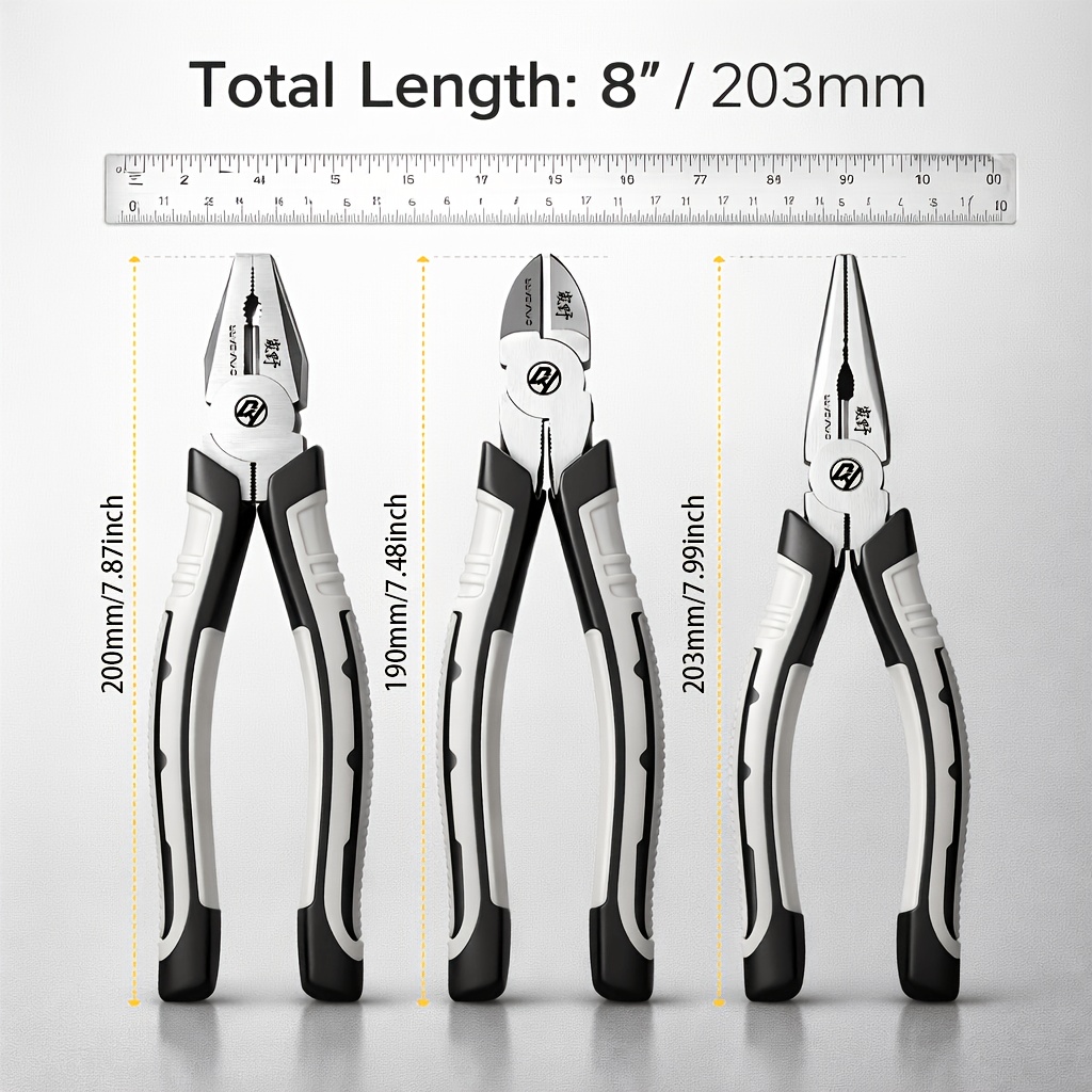 TEMU 3pcs 8-inch Black & Gray Plier Set, Includes Wire Cutter, Needle-nose Pliers & Diagonal Pliers, Labor-saving Comfortable Durable Handle,