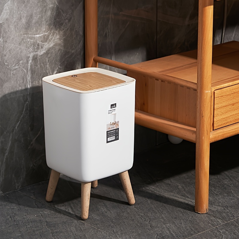 

1pc Modern Large Capacity Trash Can With Press-seal Lid, Odor-sealing Garbage Bin, Plastic With Wooden Accents, Suitable For Home And Office Use