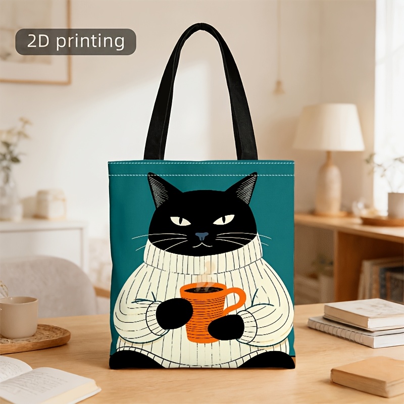 TEMU Bolso bandolera y de unisex, bolso tote con estampado de gato negro sosteniendo una taza para hombres y mujeres, para ir al trabajo, ir de