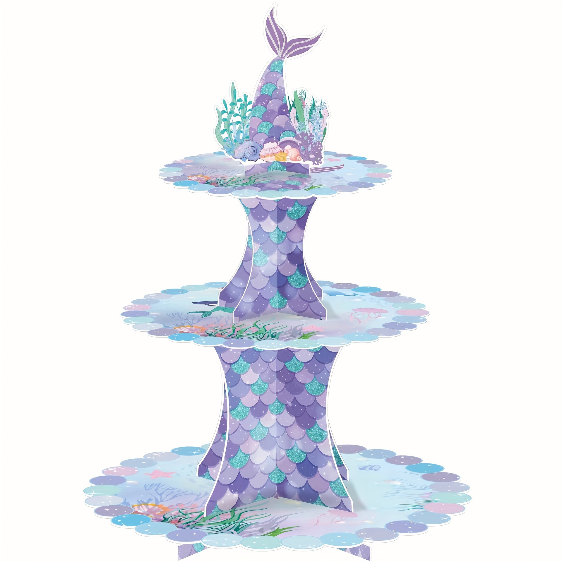 

Charming Mermaid-themed 3-tier Paper Dessert Stand - Perfect For Birthdays, Weddings & Parties - Ocean-inspired Cake Display With Cartoon Design