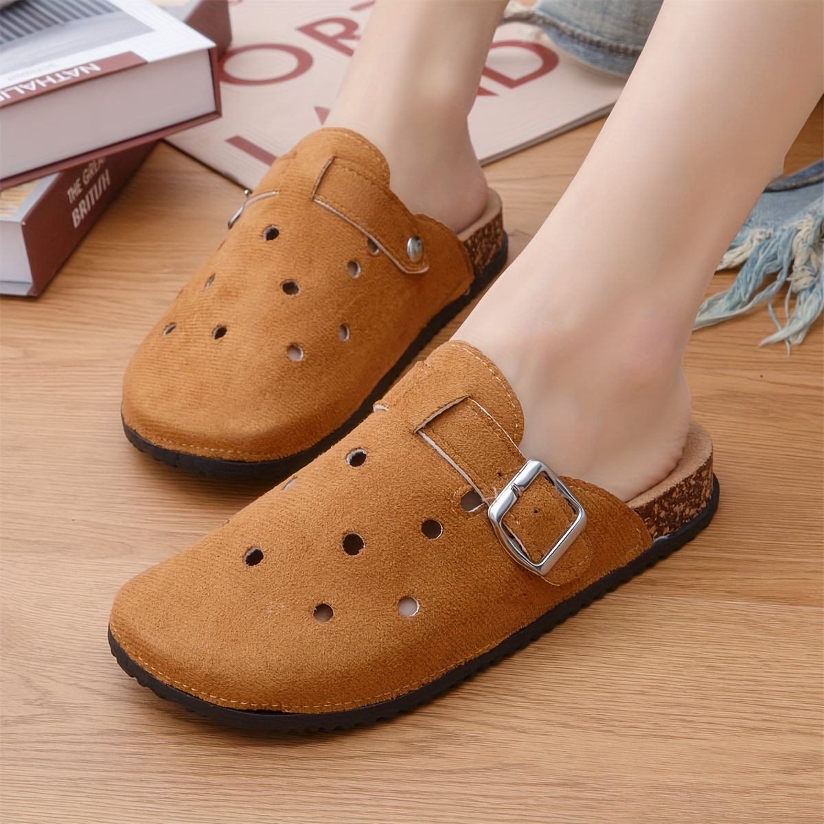 TEMU Women's Sandals 1573#fashion Half-capped Hole Breathable Versatile Plush Clog Sandals Walking Shoes +1 Size