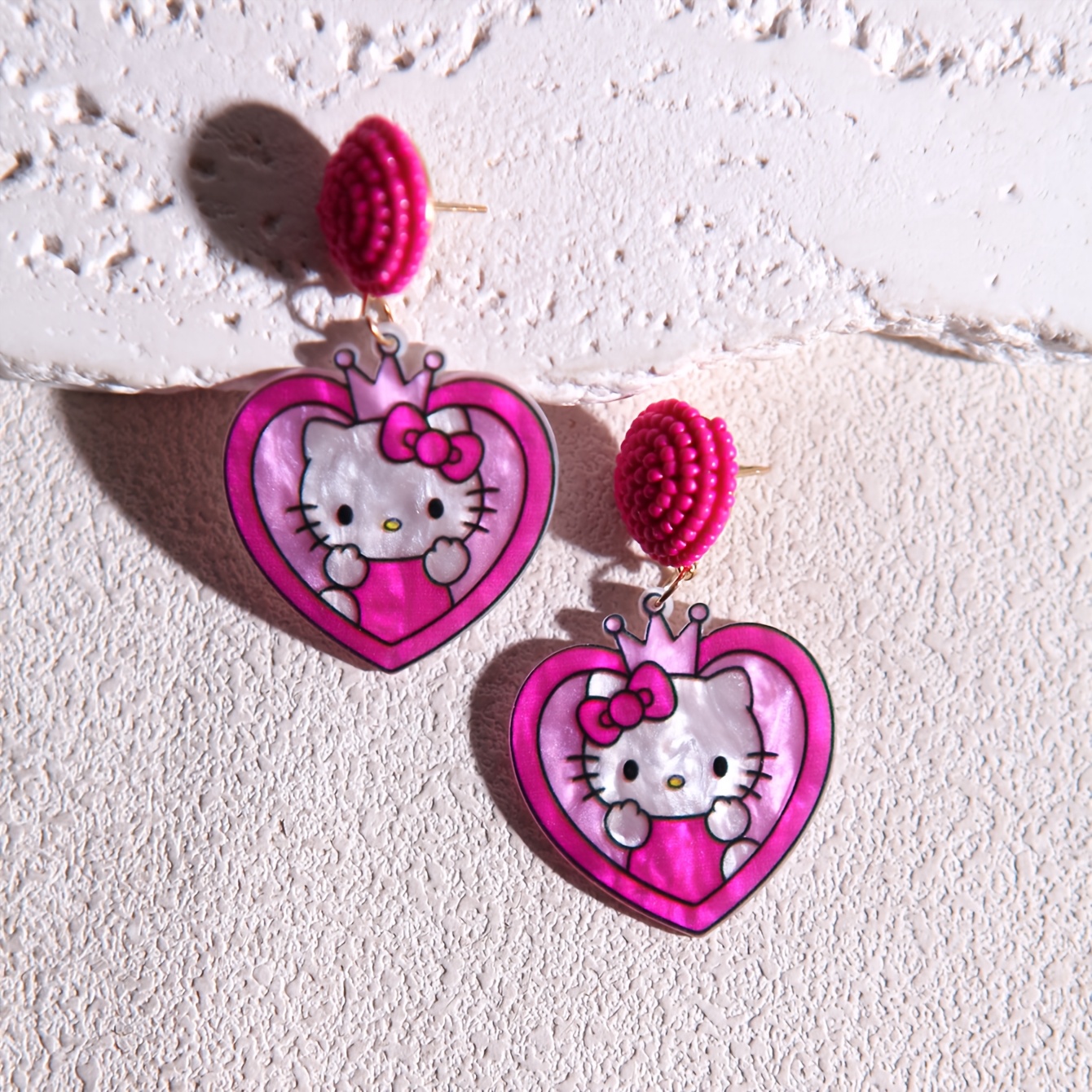 Handmade Glossy Resin Heart KT Cat Crown Drop Earrings