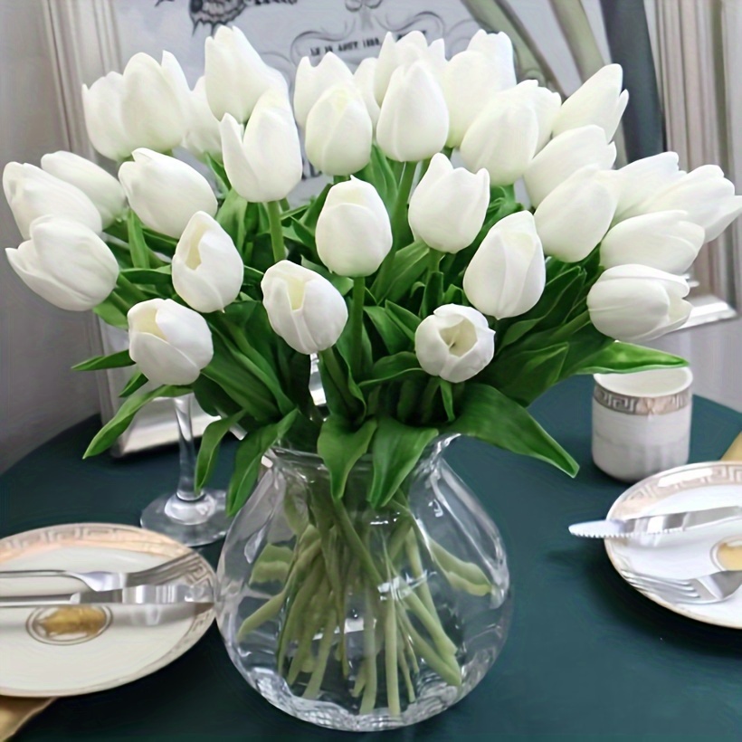 

20/40pcs White Simulated Tulip Bouquet, Artificial , Real Touch Artificial Flowers, Home, Office And Wedding Decoration Bouquets, 's Day Easter Decorations, Decorations, Decor