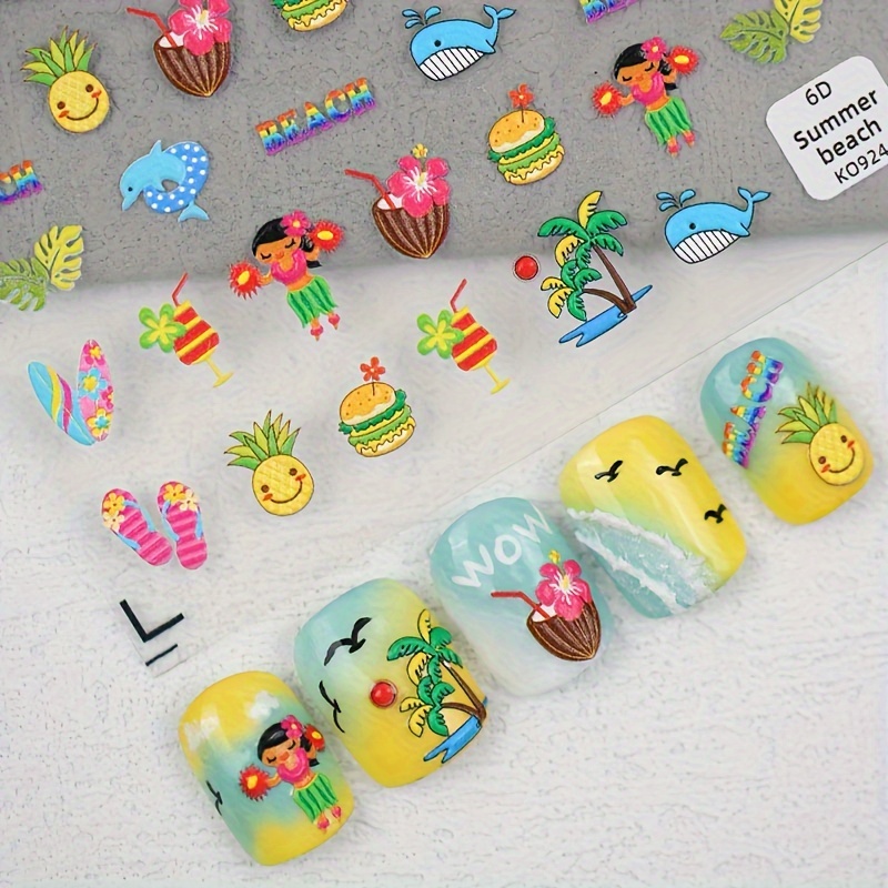 Nail Art Stickers, Cute Whale Dolphin Pineapple Coconut Tree Surfboard Slipper Leaf Hamburger Designs For Diy Manicure Salon Decoration