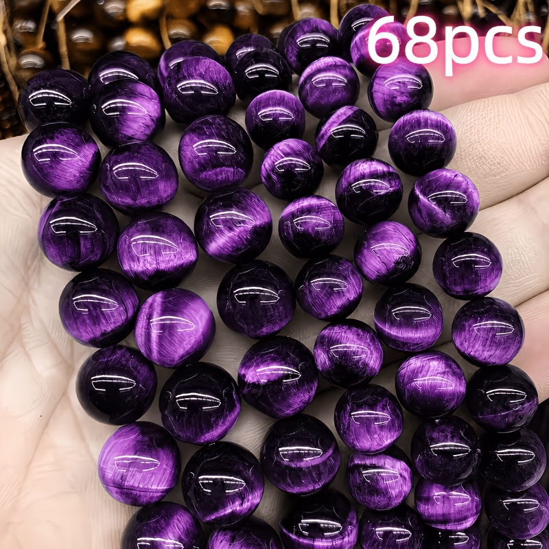 TEMU 68pcs, Perles en vrac œil de tigre violet, Matériaux de bijouterie en verre, Accrochage de perles de bijoux, Fait main, Fournitures décoratives,