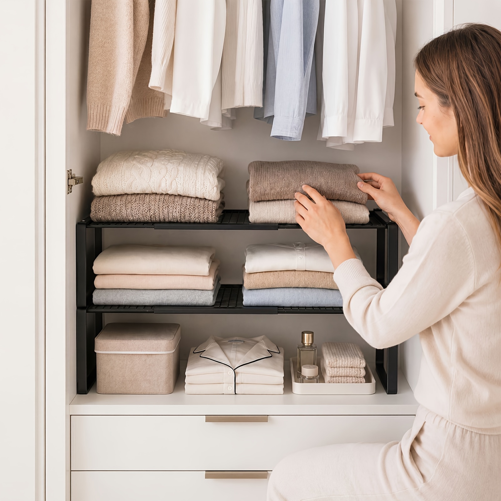 TEMU Organizzatore per armadio estendibile a 2 ripiani, scaffali a grande capacit�, acciaio al carbonio durevole, design a rete ventilata, unit� con