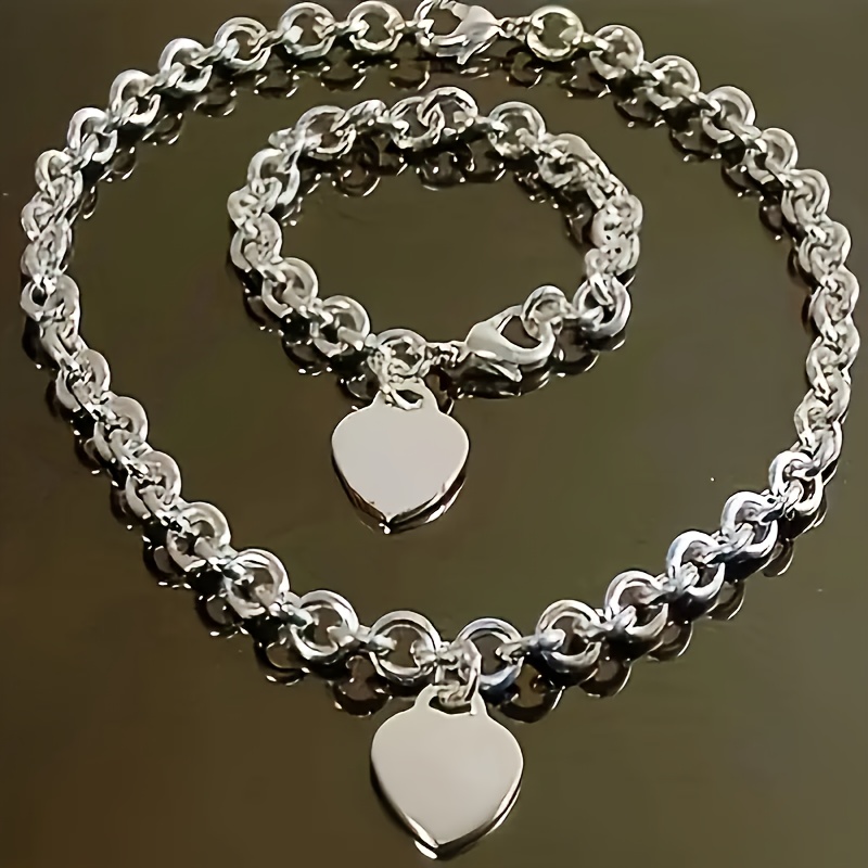 TEMU 2pcs European And American Stainless Steel O-shaped Chain Heart-shaped Pendant Necklace + Bracelet Women's Jewelry Set, Hip-hop Style, Suitable