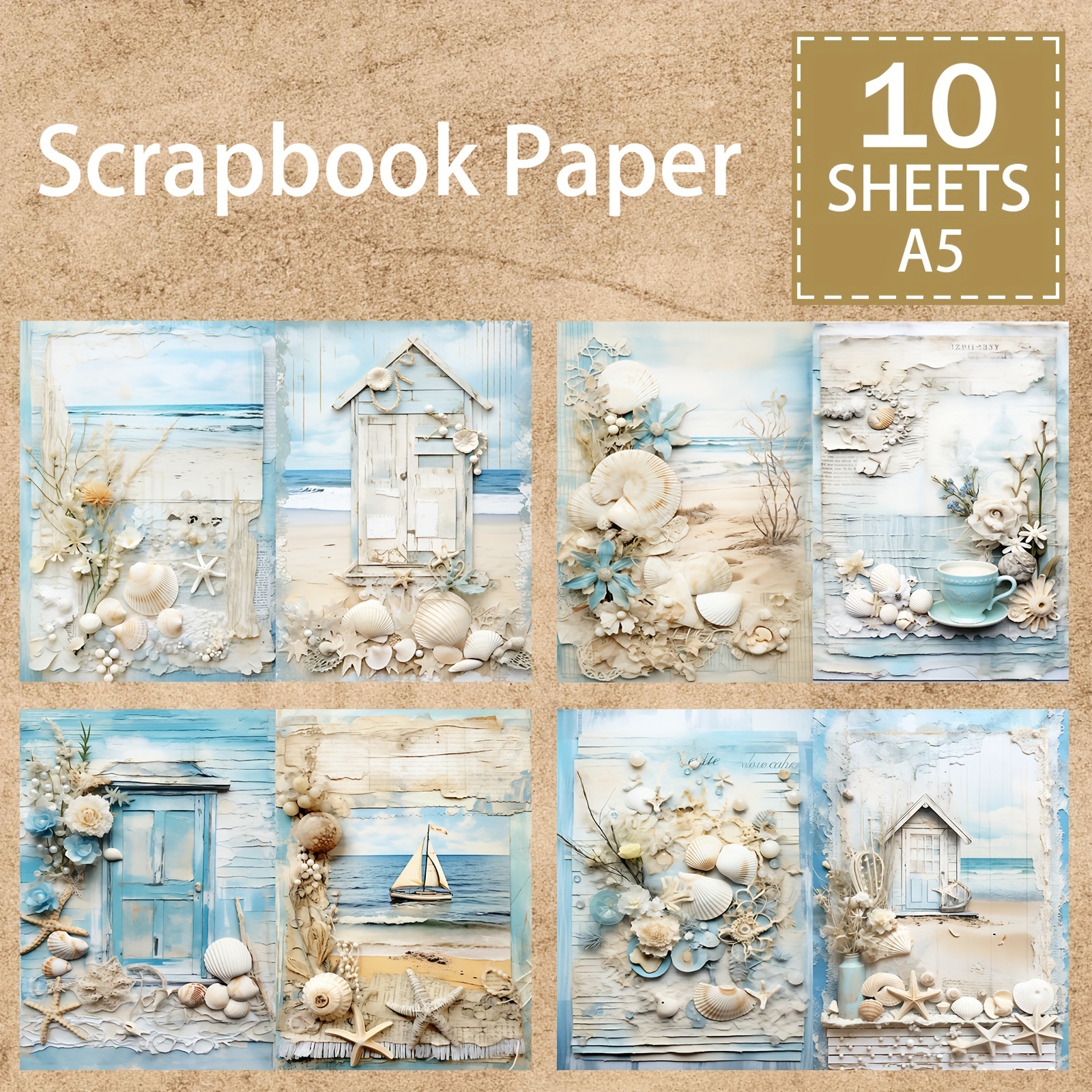 

10-piece A5 Blue Beach Cabin & Shell Scrapbook Paper - Vintage Diy Journaling, Greeting Cards & Planner Backgrounds
