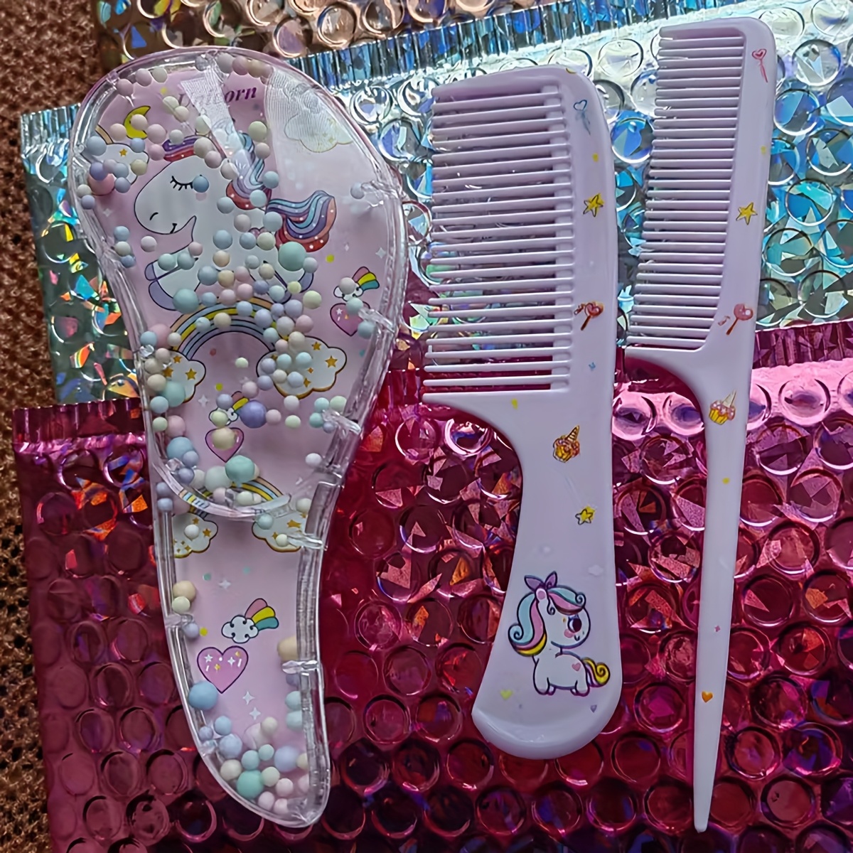 TEMU 3pcs Cute Hair Brush Comb Set, Comfortable Grip Massage Hair Brush, With Cute Cartoon Pattern Fine Toothed Comb, Gentle Combing Without Pulling Hair, Essential For Hairdressing