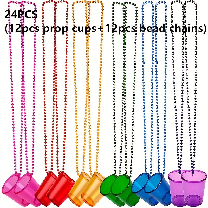 E-shop 24-teiliges Set: 12 Perlenketten + 12 Plastik-Shotgläser – Bierfest, Karneval, Halloween, Weihnachtsfeier & Partyzubehör, Geschenk für Neujahr,