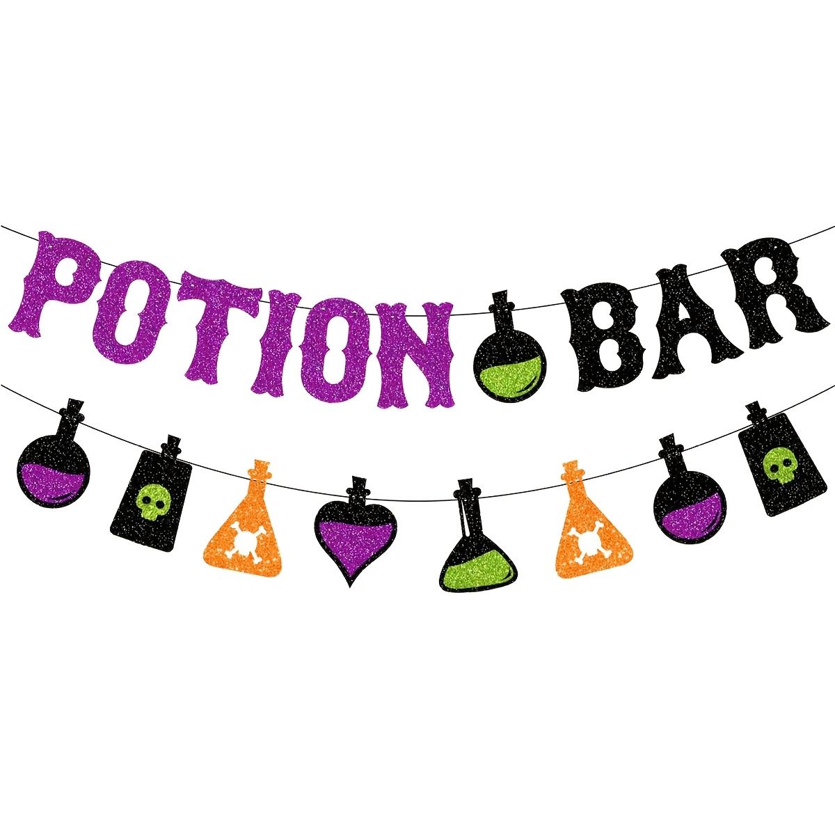 TEMU 1 Set di Striscioni per Feste - Striscione Pozione Glitterata e Set Bottiglie di Pozioni, Bandierine con Teschi e Croci per Bottiglie di Veleno