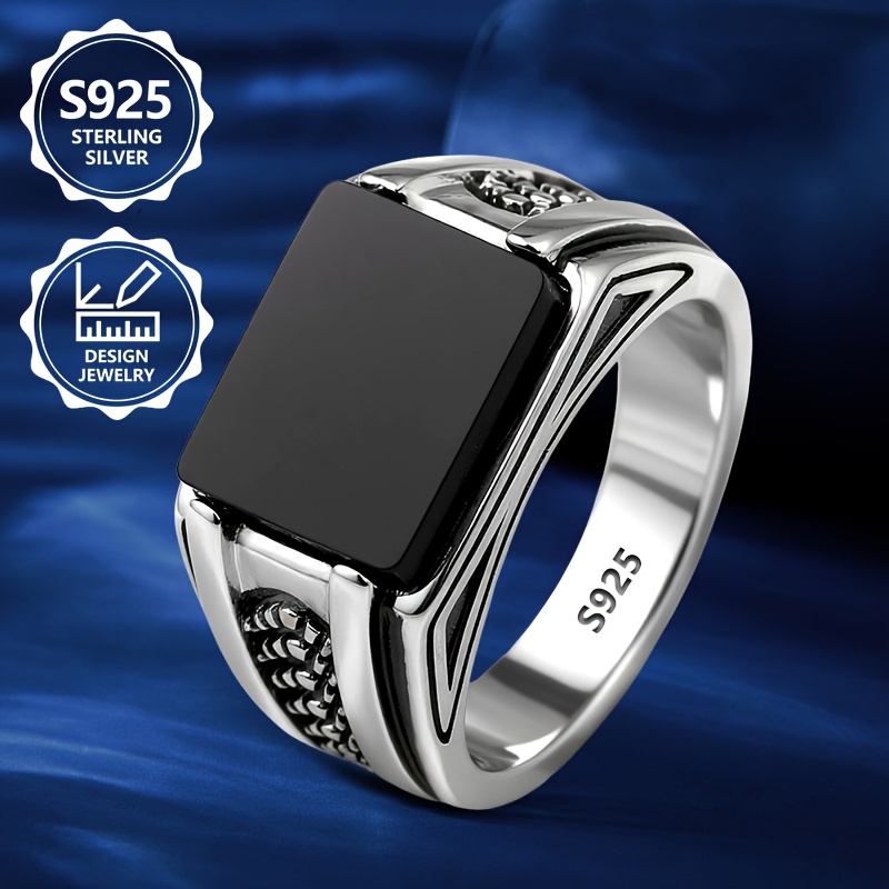 Image of 925 Sterling Silver Pm:e20 Women's Exquisite Fashion Ring, Elegant And Stylish, Inlaid With Black Agate, Suitable For Daily Wear, The Commemorative Gift For Family Or Girlfriend