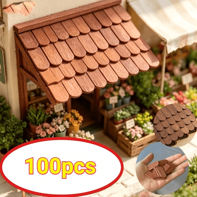 TEMU 100 Stück Mini Cottage Holz Fliesen Dach Dekorationen 1:12 Puppenhaus Renovierung Dekor