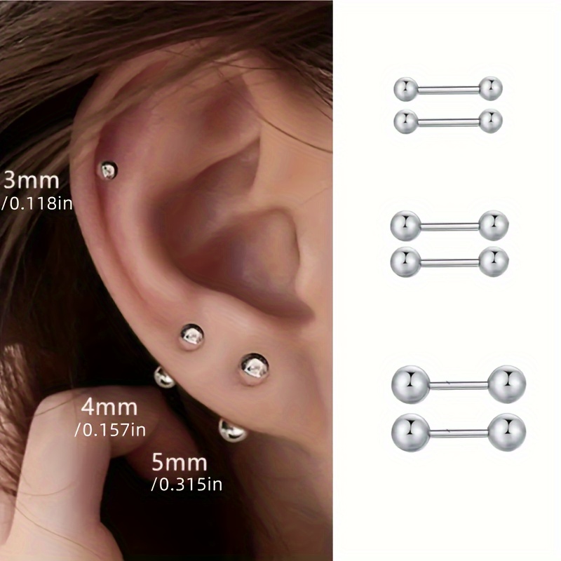3 Pair Set Stainless Steel Barbell Stud Earrings, Unisex