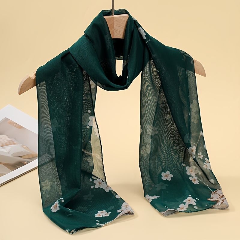 TEMU 1pc Women's Elegant Floral Print Chiffon Drapey Scarf, Dark Green Pink Dual-tone , Exquisite Clothing Accessory, Fashionable And Versatile