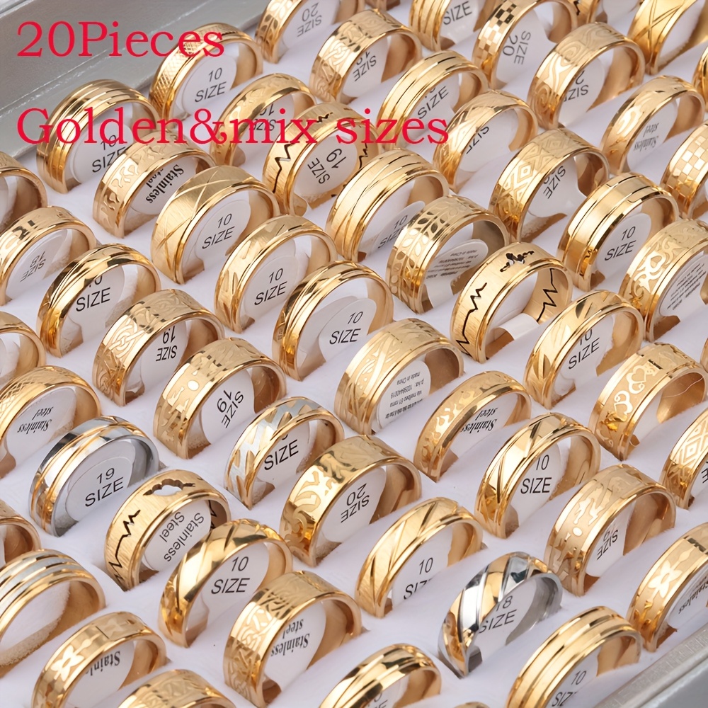 Image of Over 20 Styles Of Waterproof Stainless Steel Rings With Plating And Intricate Hollowed-out Striped Engravings