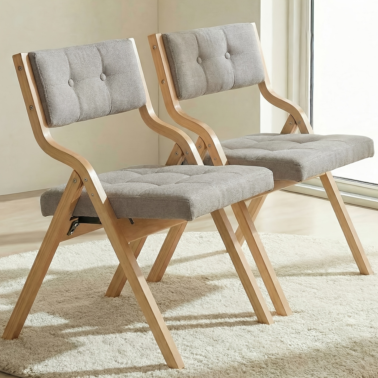 Image of 2-pack Upholstered Folding Chairs, 77x55x47cm, Wooden Folding Chair With Cushion, Portable Seating Furniture, Assembly, For Living Room, Kitchen, Office, Wedding And Party
