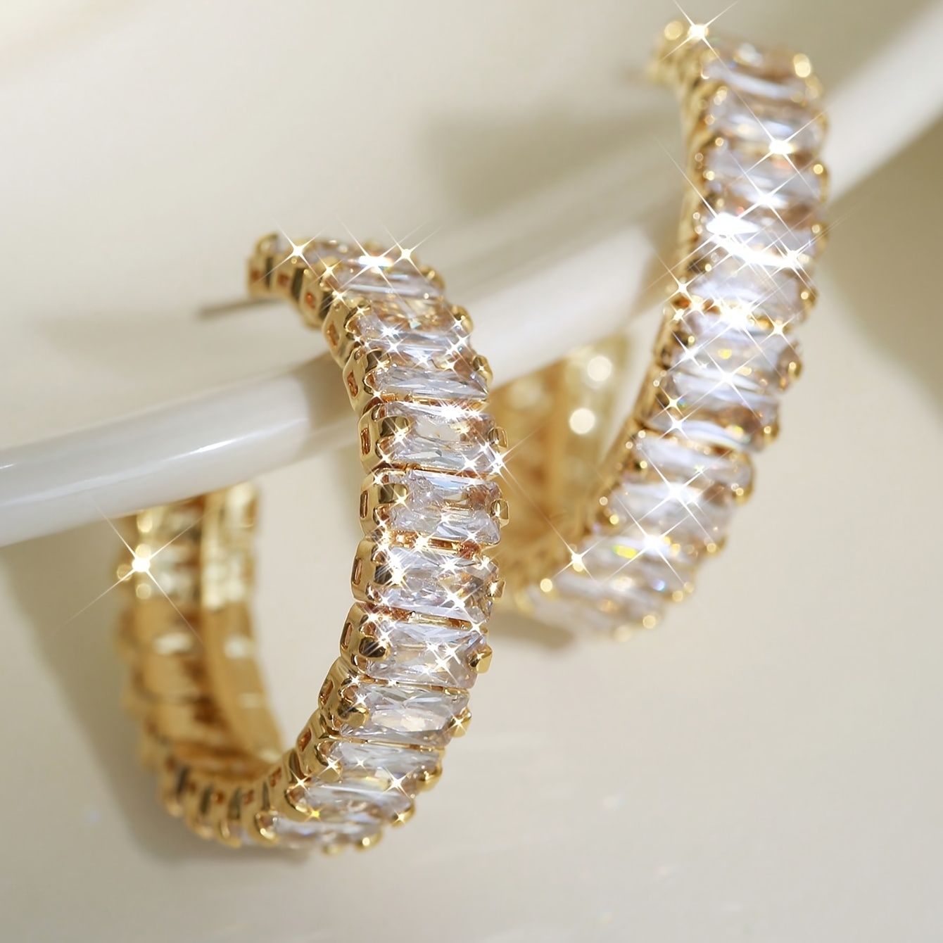 TEMU 2pcs Hoop Earrings, Inlaid With Square Synthetic Zirconia, Copper, Elegant, Everyday, Women's Fashion Hoop Earrings, Perfect Gift