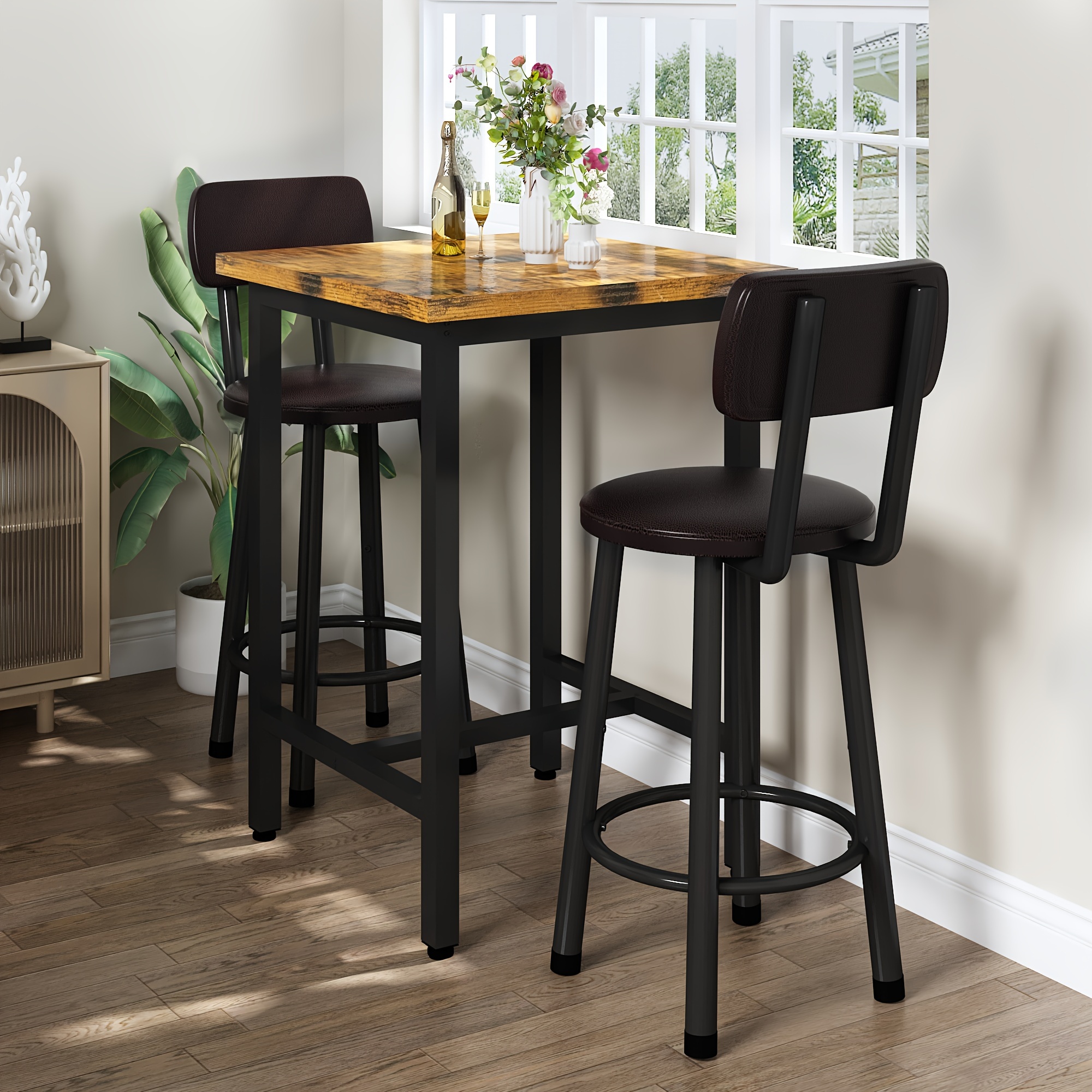 Bar Table And Chairs Set For 2, 3pcs Square Bistro Pub Table With 2 PU Upholstered Stools, Counter Height Dining Table And Chairs Set, Pub Hight Dining Table Set Other(Furniture) For Kitchen, Living Room, Small Spaces, Rustic Brown