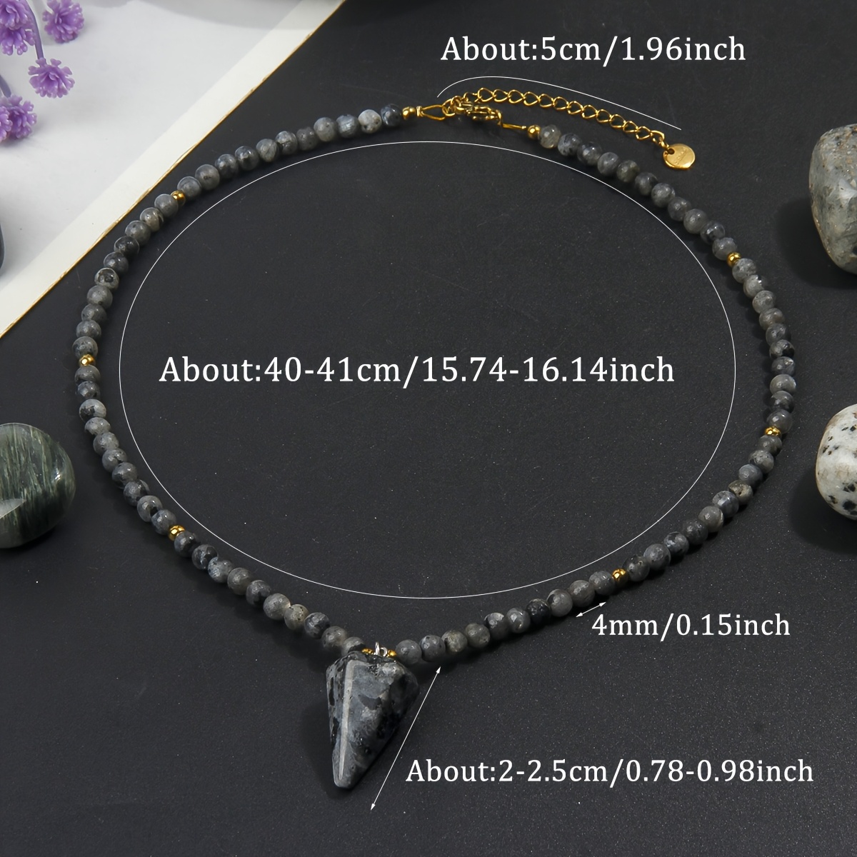 Natural Gray Labradorite Beaded Necklace with Cone Pendant