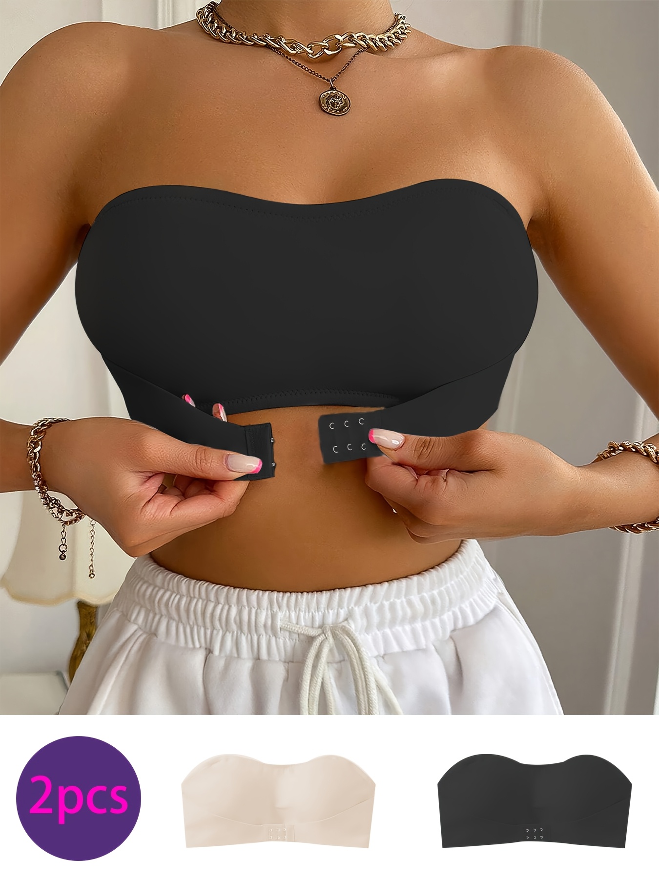 2pcs Women's Strapless Wire-Free Bandeau Bras - Full Coverage & Lift, Solid Black & White, Comfortable Everyday & Special Occasion Bras, Hand Washable, No Padding, Minimalist Design, Versatile for Layering, Suitable for  to Large Bust Sizes, Chic & Comfortable Fit, Seamless Strapless Design, No Wire, Sleek & Modern Style, Ideal for Casual or Formal Wear, Bras For Women, Double Padded Push Up Bra, Bra For Women High Quality, Push Up Bra, Brasier Strapless,
