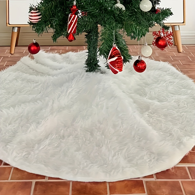 36 Inch Christmas Tree Skirt - White Plush Faux Fur With Silver Snowflake Embroidery, Holiday Decor