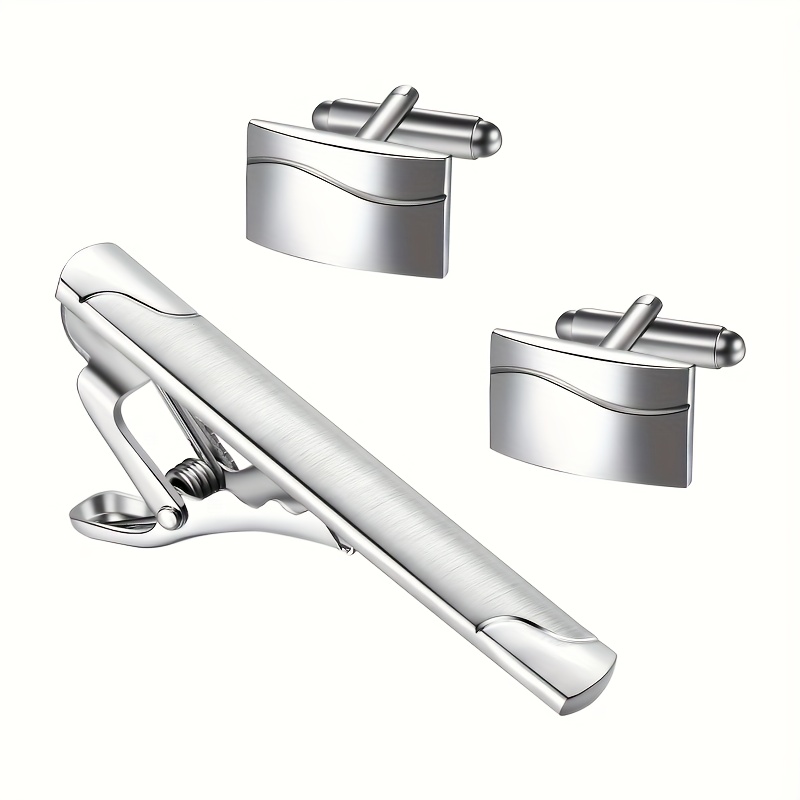 TEMU Juego de 3 piezas de gemelos y clips para corbata de moda clásica, joyería de moda cepillada, adicionales formales de negocios para hombres,