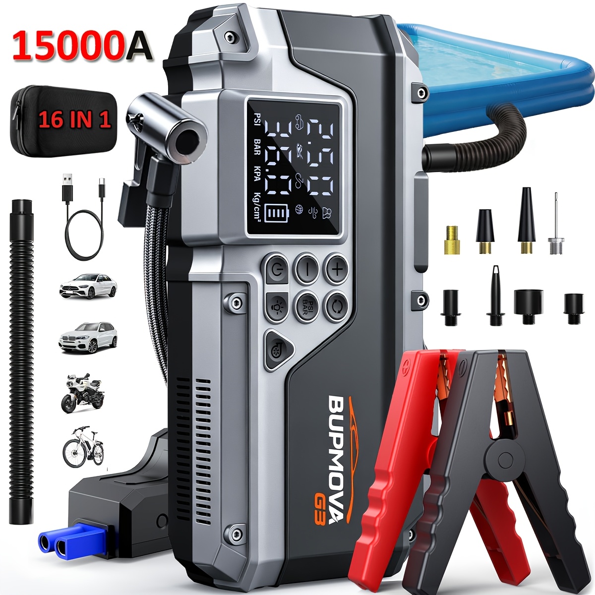 TEMU Arrancador de Coche con Compresor de Aire los Motores de o Diésel de 16L, Arrancador de Emergencia de Batería de Auto Booster de 12V, de ,