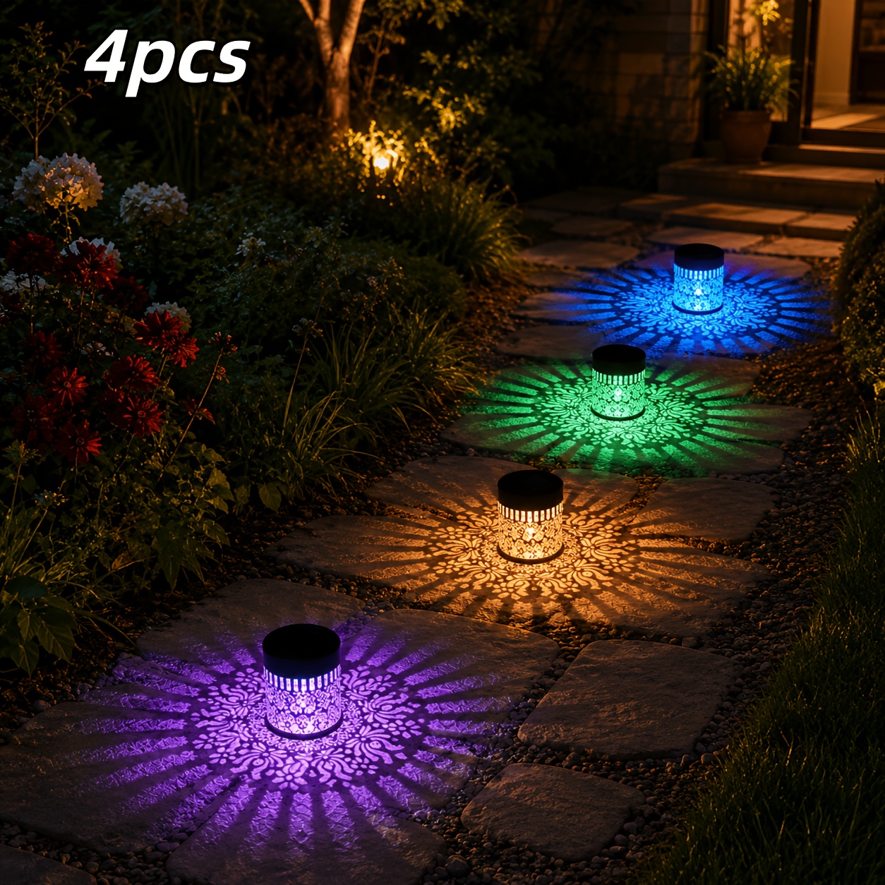 Image of 4pcs Solar-powered Peony Lights With Warm -changing Rgb Suitable For Gardens, , Fences, Walls, Plug-and-play Fence Lights For Yards, Steps, , (no)