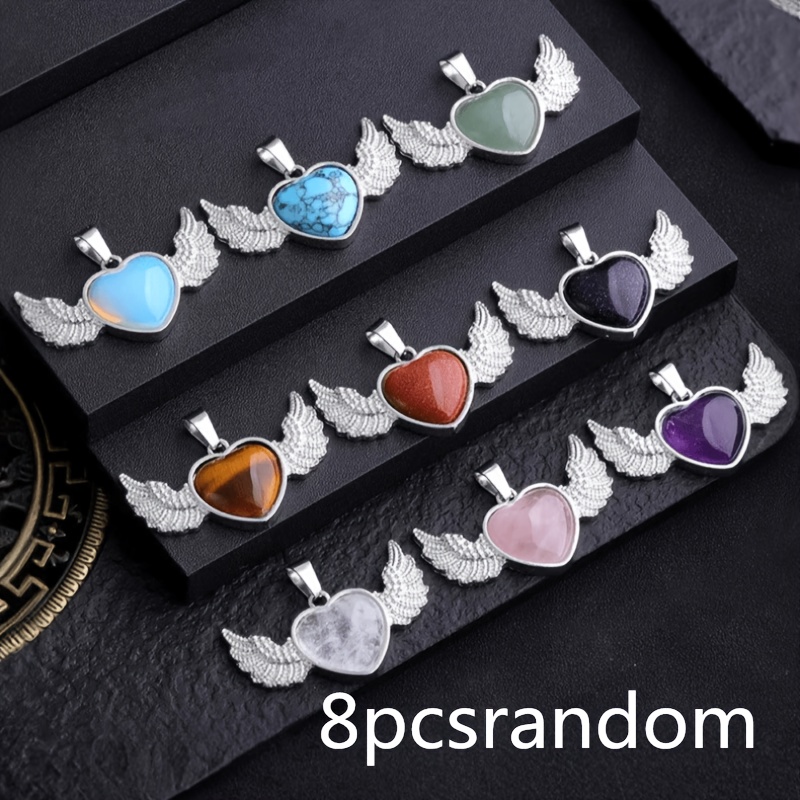 TEMU 8pcs Exquisite Heart-shaped Wing Pendants - Sparkling Natural Pendants, Birthday Gifts, Additions, Jewelry Making Necklace Keychain, Bringing