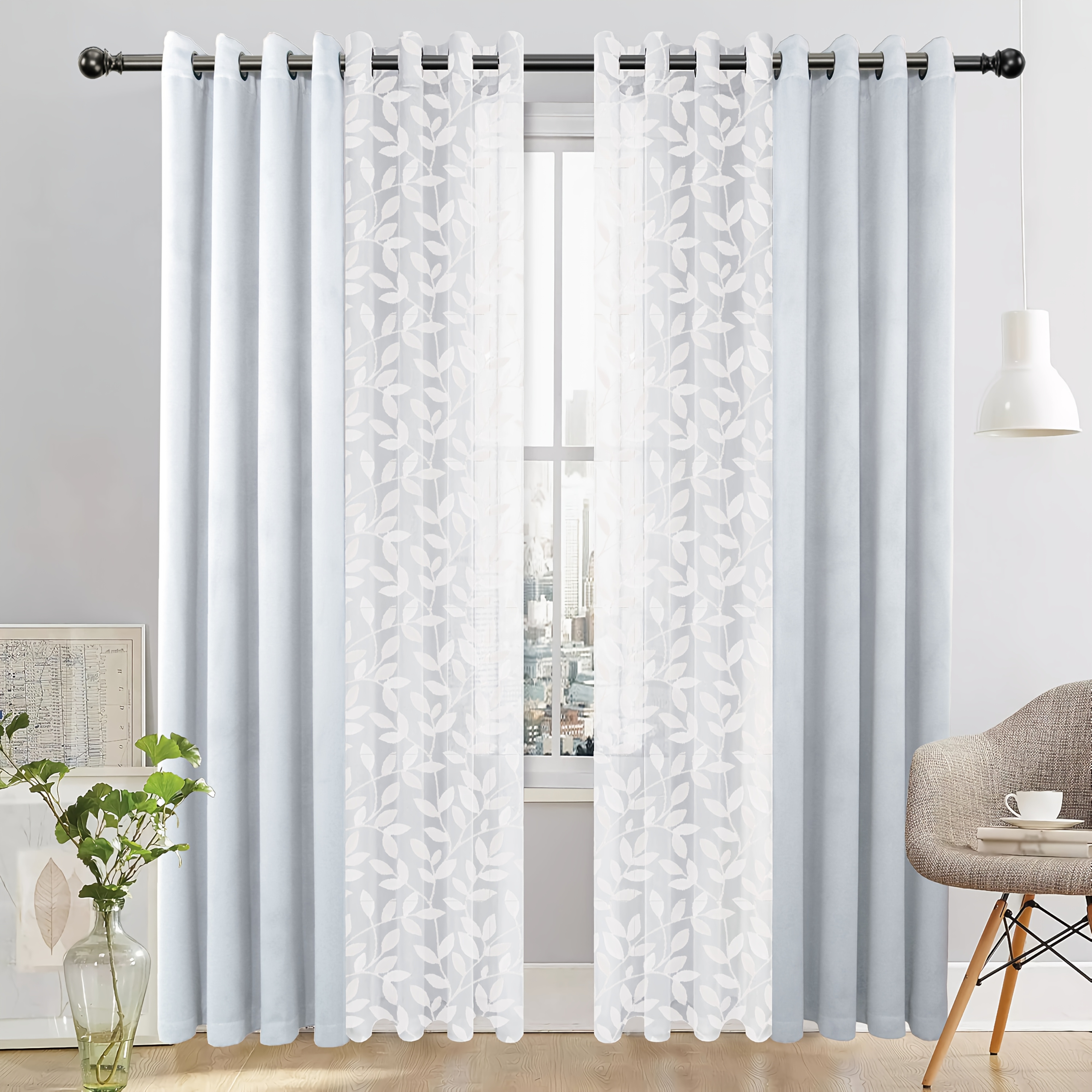 Elegant 4pcs Blackout Curtain Set with Spring Leaf Print