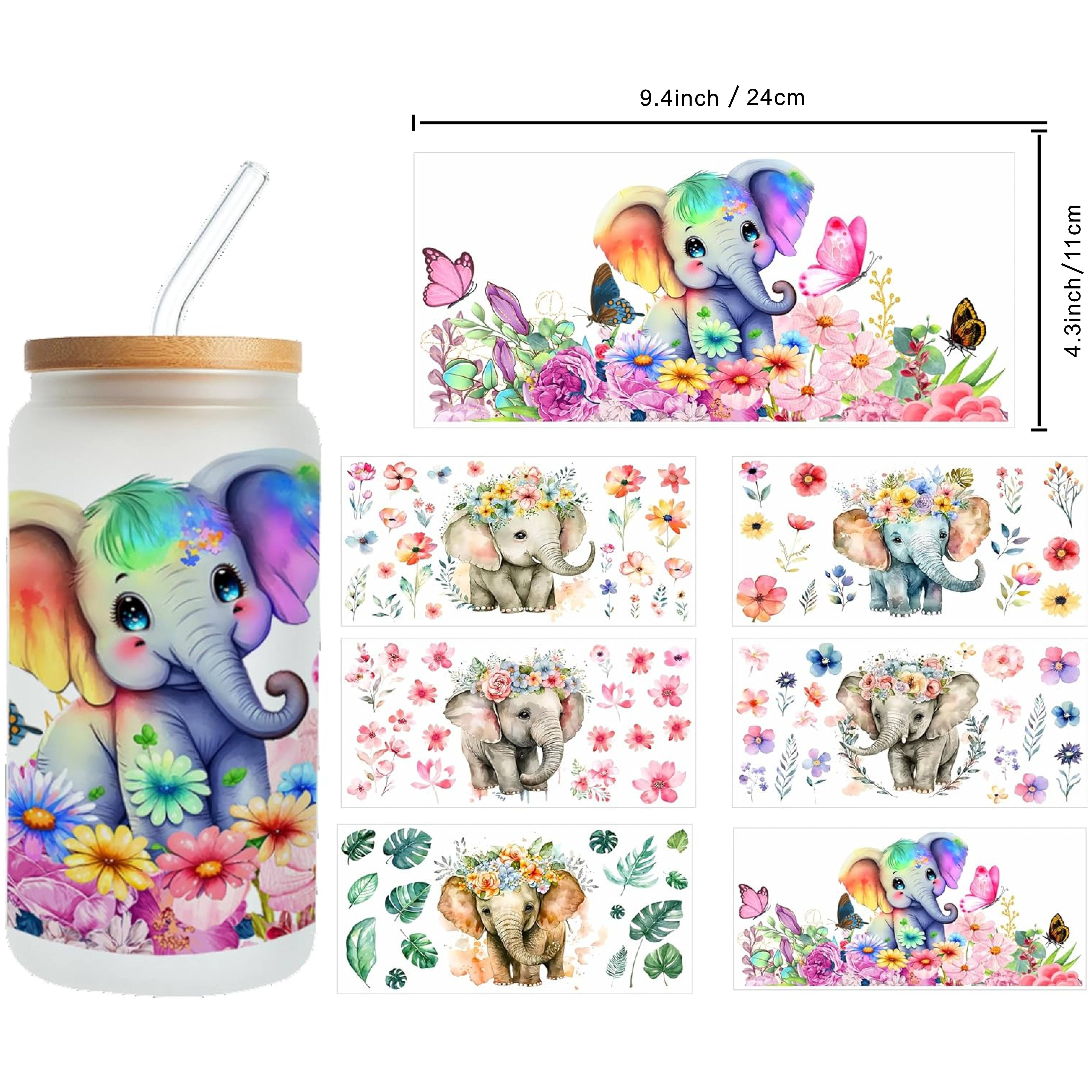 TEMU 6pcs Uv Dtf Transfer Stickers, Elephant-themed Wipe Transfer Stickers, Includes Transfer Tools, Suitable For Decorating Glasses, Cups, Office