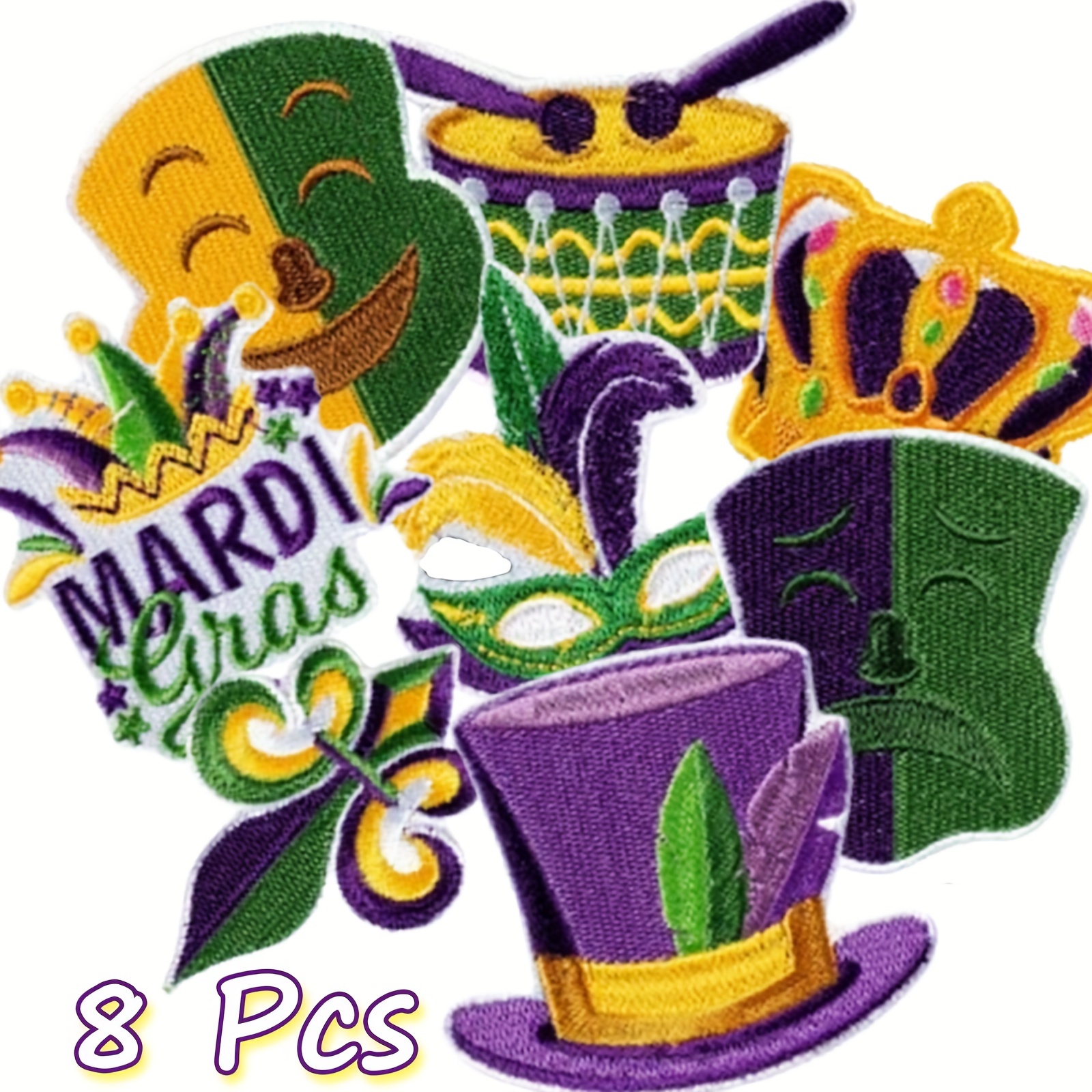 

8pcs Mardi Gras Embroidered Patches, Mixed Color Iron-on Appliques For Clothing, Hats, Backpacks - Diy Carnival Decorations