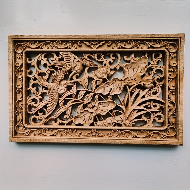 1pc vintage wooden birds and flowers carved wall   hollow camphorwood decorative panel lotus and vine design elegant wooden wall decor for doors and walls
