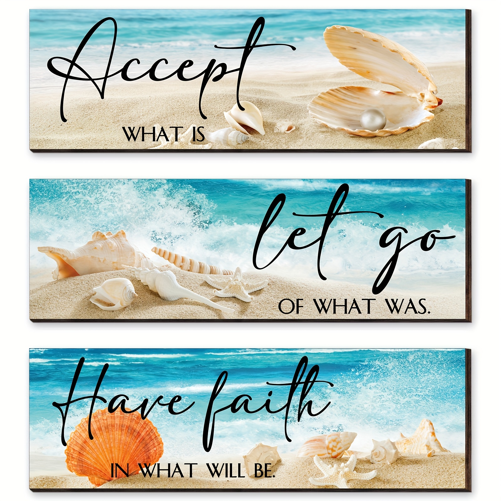 set of 3 ocean themed wooden wall decorations featuring quotes about     and having faith   hanging in a bedroom or bathroom each sign measures 11 x 3 5 x 0 2 inches 0