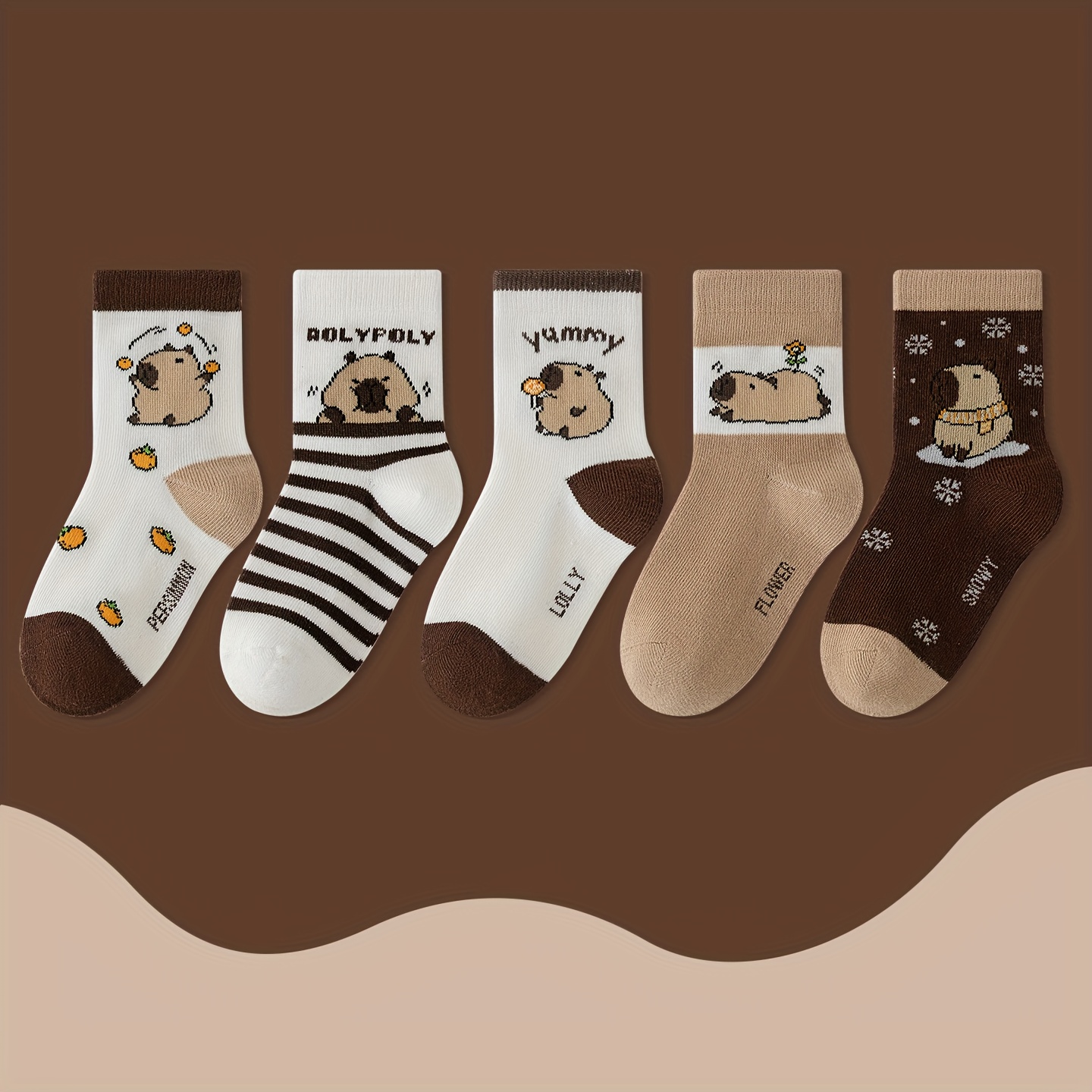 E-shop 5 Paar Kinder Capybara Cartoon Socken, Niedliches Tiermuster, Braunfarbenes Set, Lustige Alltagssocken für Jungen und Mädchen