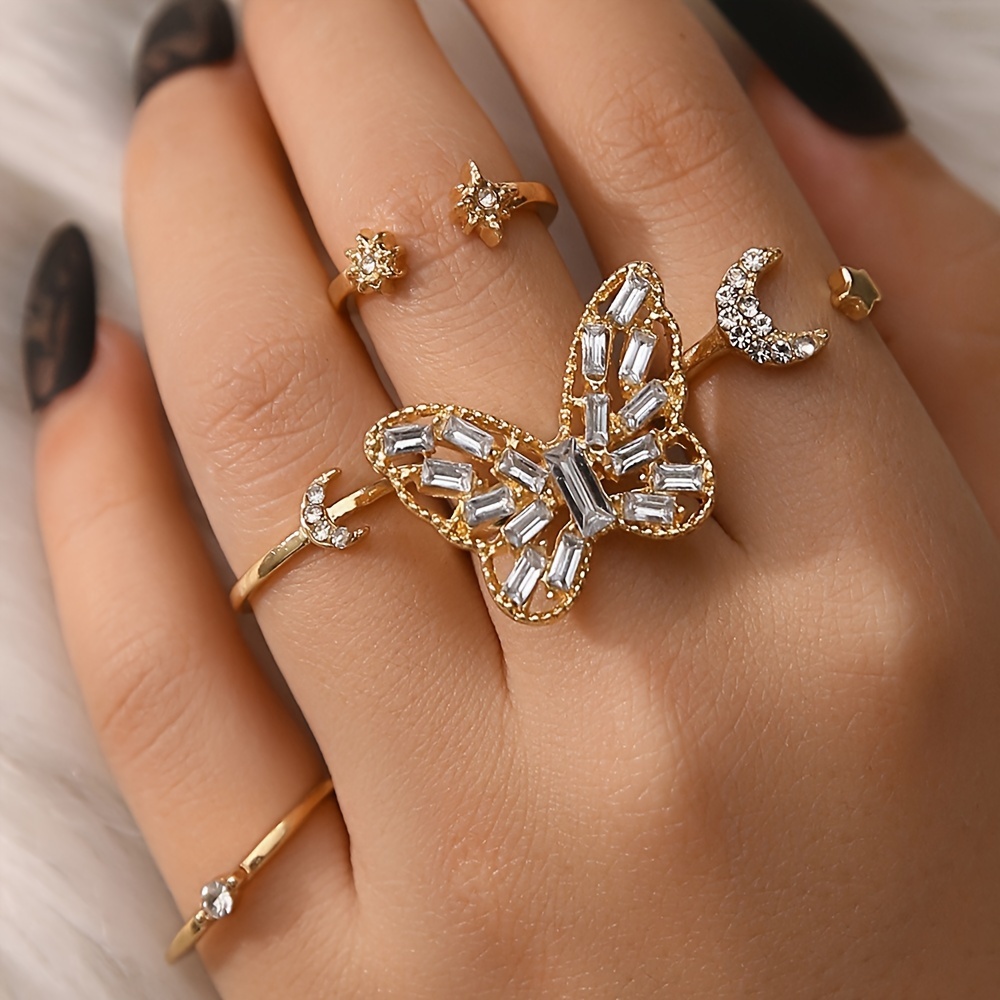 

5pcs/set Elegant Rhinestone Rings - Star, Butterfly, And - Perfect Valentine's Day Gift