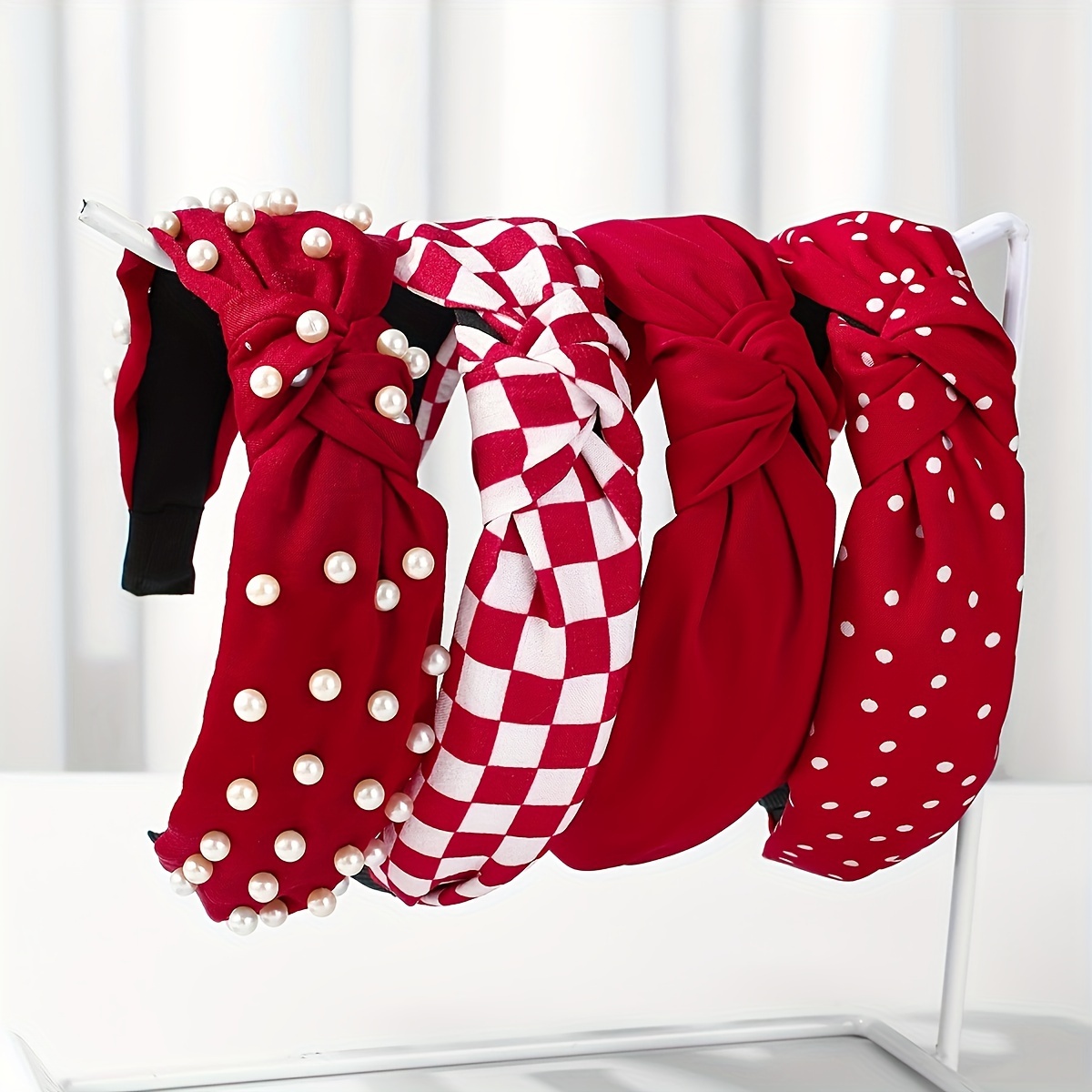 TEMU Adult Headband Adult Fabric Knotted Solid Check Polka Dot Floral Knotted Headband 4pcs