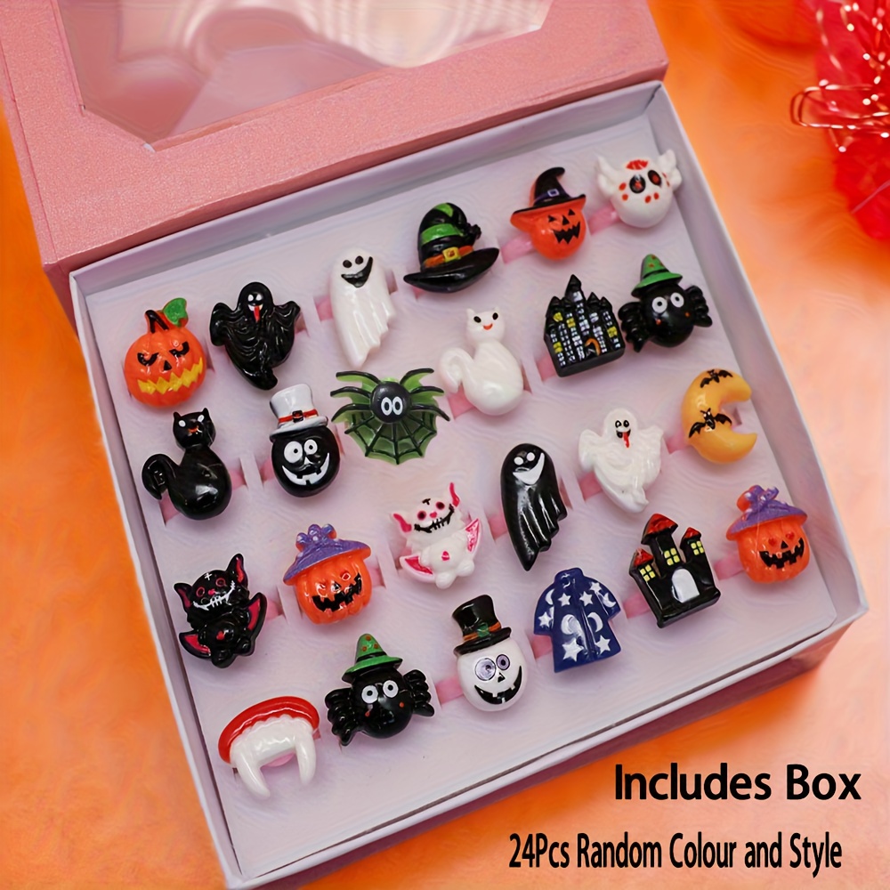 TEMU 10/24pcs Cute Halloween Resin Adjustable Rings Set, Spooky Pumpkin Spider Bat Castle Hat Gothic Finger Jewelry, Cartoon Novelty Stackable Band