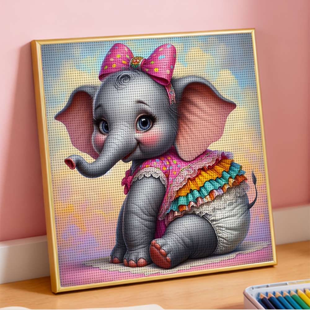 Frameless Cross-Stitch Printed Kit, Cute Little Elephant with Bow