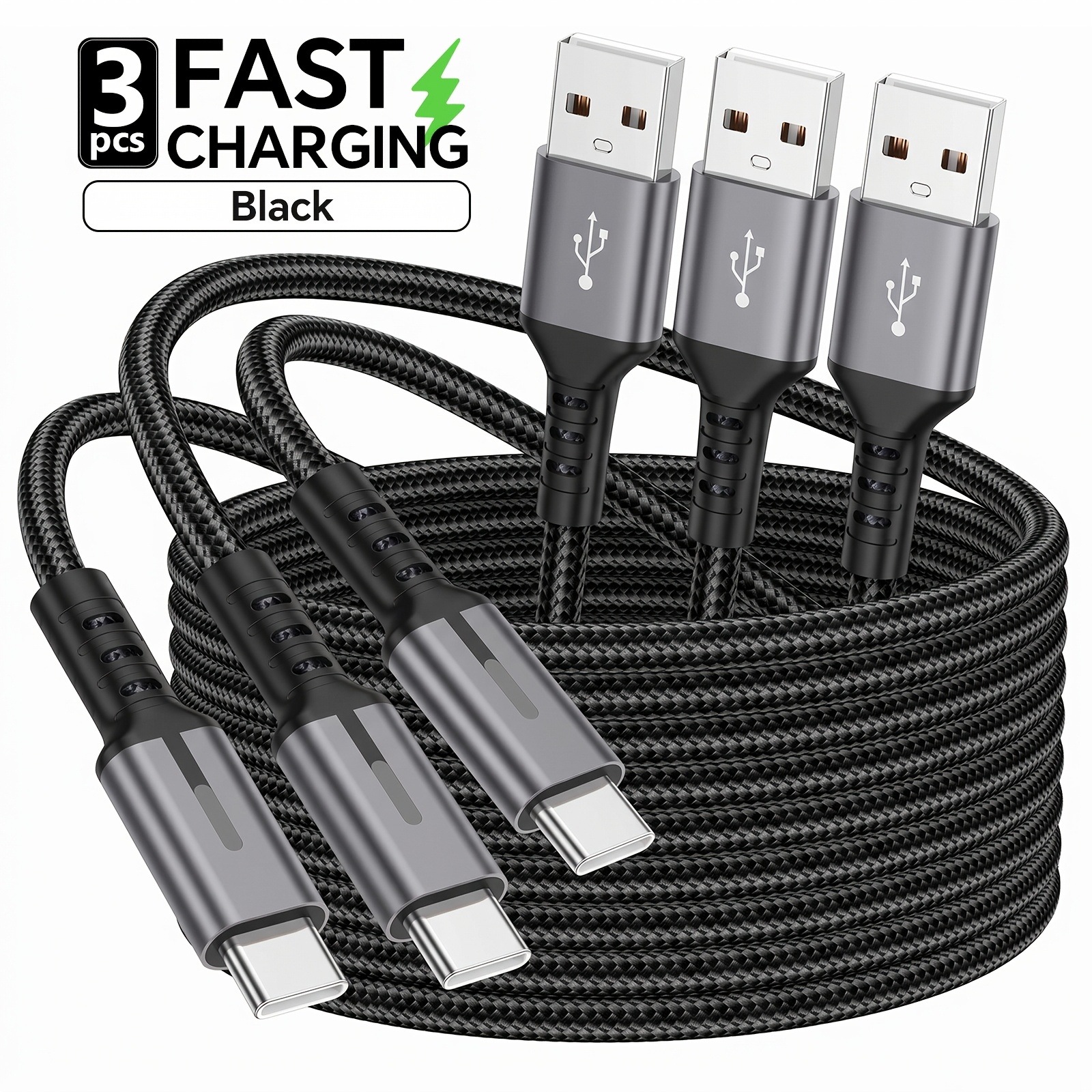 Image of 3pcs Fast Charging Usb To Tyce-c Data Cable, Providing Data Transmission. For Huawei, For Oppo, For Oneplus. Durable Braided Cable.