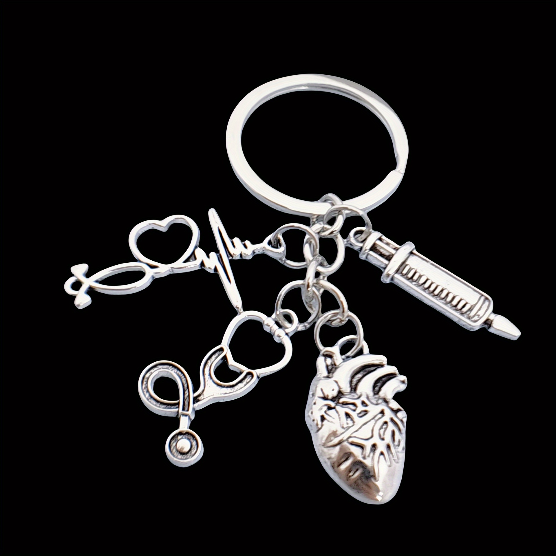 Funky Alloy Medical Key Chain: Syringe, Stethoscope, Heart Charm, And Anatomy Design